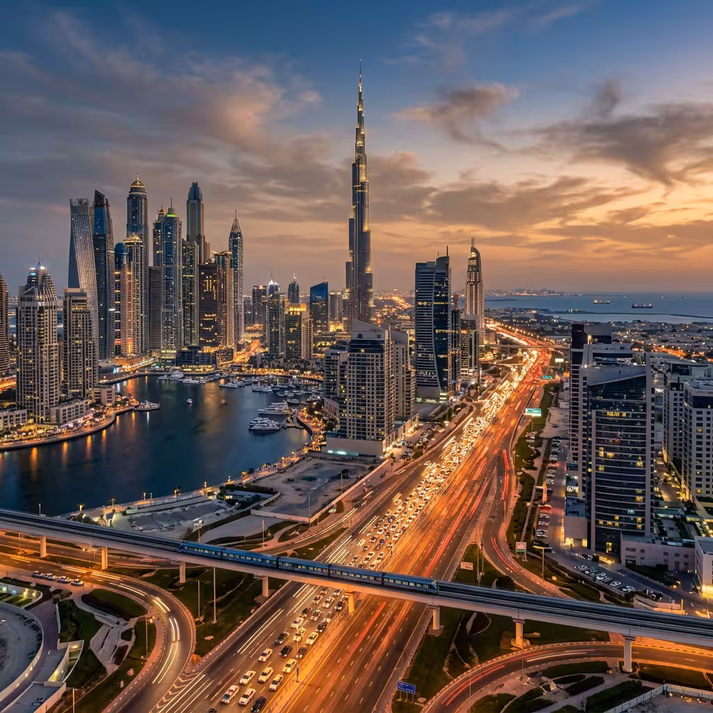 Dubai skyline at sunset representing tax-efficient offshore company setup advantages