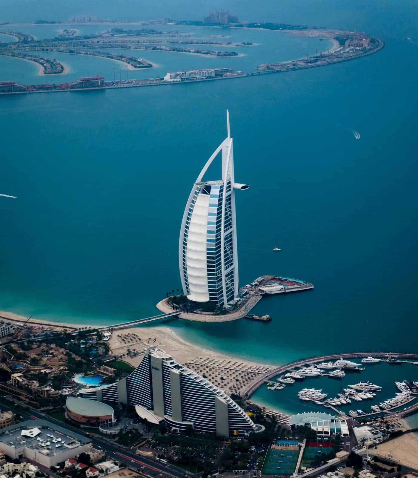 Aerial view of Burj Al Arab and the Jumeirah coastline in Dubai